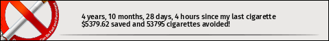 4 years, 10 months, 26 days, 3 hours since my last cigarette · $5373.48 saved and 53734 cigarettes avoided!