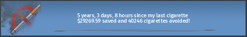5 years, 1 day, 11 hours since my last cigarette · $29239.53 saved and 40205 cigarettes avoided!