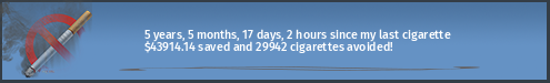 5 years, 5 months, 11 days, 11 hours since my last cigarette · $43790.76 saved and 29857 cigarettes avoided!