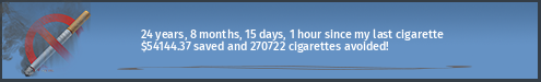 24 years, 8 months, 15 days, 1 hour since my last cigarette · $54144.27 saved and 270722 cigarettes avoided!