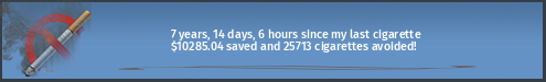 7 years, 9 days, 21 hours since my last cigarette · $10267.59 saved and 25669 cigarettes avoided!