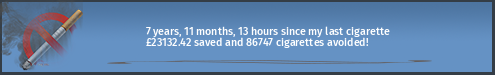 7 years, 10 months, 28 days, 4 hours since my last cigarette · £23113.43 saved and 86675 cigarettes avoided!