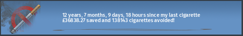 12 years, 6 months, 29 days, 20 hours since my last cigarette · £36750.92 saved and 137815 cigarettes avoided!