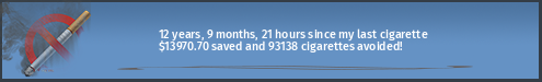 12 years, 8 months, 19 days, 1 hour since my last cigarette · $13935.22 saved and 92901 cigarettes avoided!