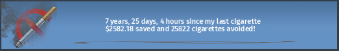 7 years, 11 days, 6 hours since my last cigarette · $2568.28 saved and 25683 cigarettes avoided!