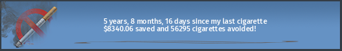 5 years, 8 months, 14 days, 3 hours since my last cigarette · $8332.65 saved and 56245 cigarettes avoided!