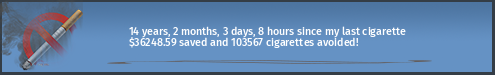 14 years, 1 month, 16 days since my last cigarette · $36120.25 saved and 103200 cigarettes avoided!
