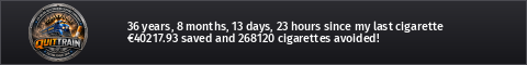 36 years, 7 months, 27 days, 7 hours since my last cigarette · €40164.93 saved and 267766 cigarettes avoided!