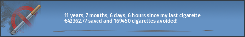 11 years, 6 months, 27 days, 2 hours since my last cigarette · €42260.86 saved and 169044 cigarettes avoided!