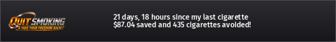 20 days, 22 hours since my last cigarette · $83.67 saved and 419 cigarettes avoided!
