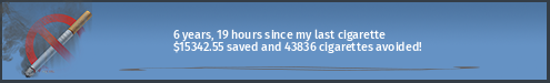 5 years, 11 months, 11 hours since my last cigarette · $15130.42 saved and 43230 cigarettes avoided!