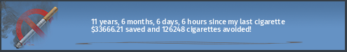 11 years, 5 months, 27 days, 7 hours since my last cigarette · $33586.64 saved and 125949 cigarettes avoided!