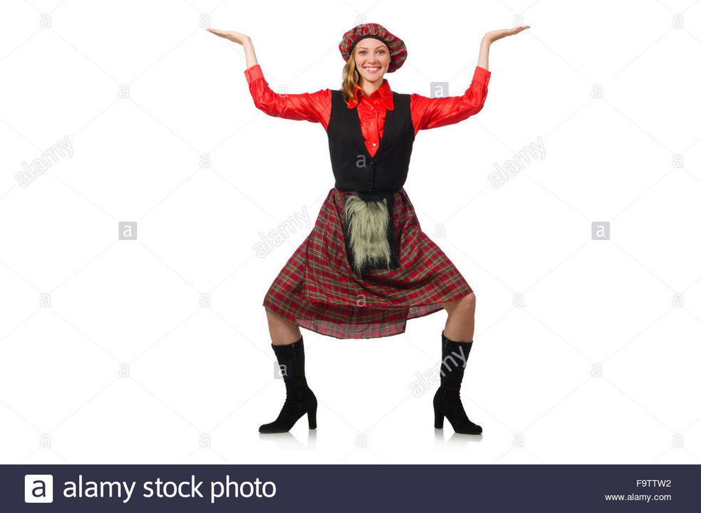 funny-woman-in-scottish-clothing-on-white-F9TTW2.jpg